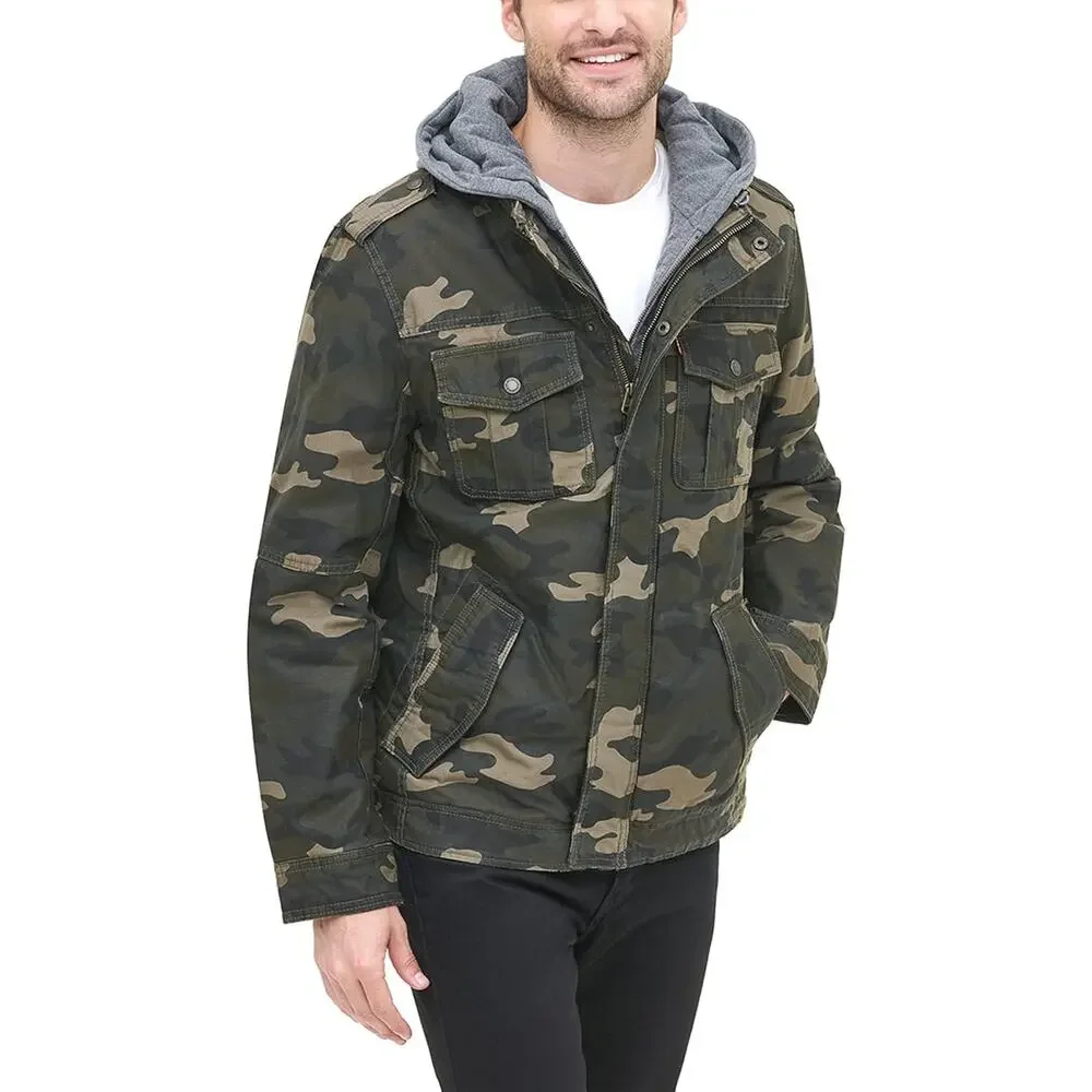 Levi's Men's Washed Cotton Hooded Military Jacket Size Small Camouflage Dickie
